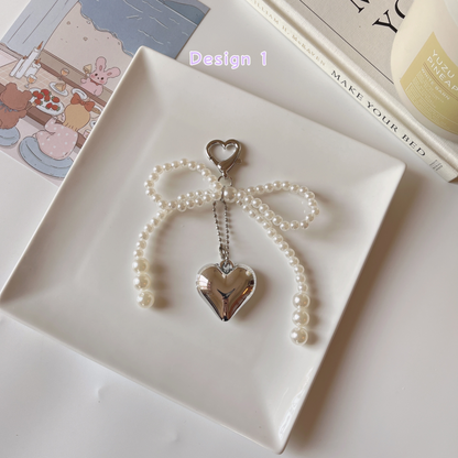 Pearl Bow Heart Bag Charm